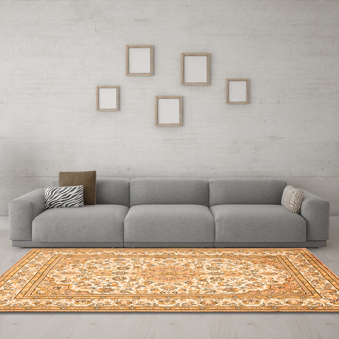 Machine Washable Medallion Orange Traditional Area Rugs in a Living Room, wshtr368org