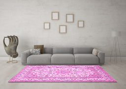 Machine Washable Medallion Pink Traditional Rug in a Living Room, wshtr368pnk