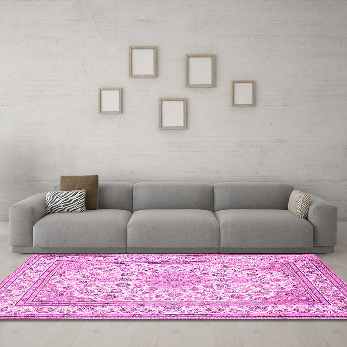 Machine Washable Medallion Pink Traditional Rug in a Living Room, wshtr368pnk