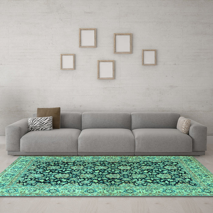 Machine Washable Persian Turquoise Traditional Area Rugs in a Living Room,, wshtr3690turq