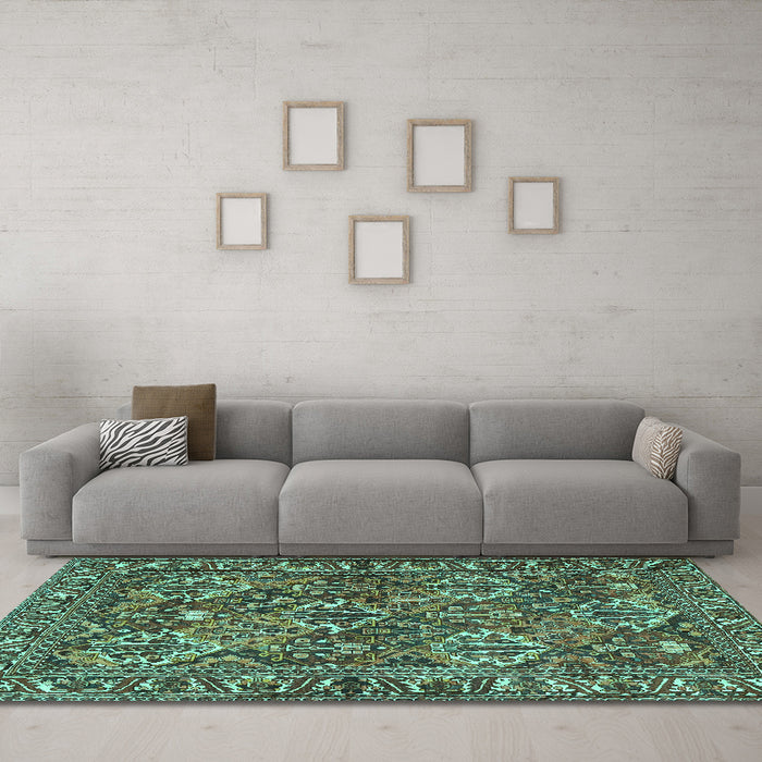 Machine Washable Persian Turquoise Traditional Area Rugs in a Living Room,, wshtr3691turq