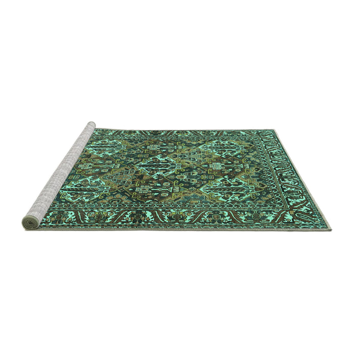 Sideview of Machine Washable Persian Turquoise Traditional Area Rugs, wshtr3691turq