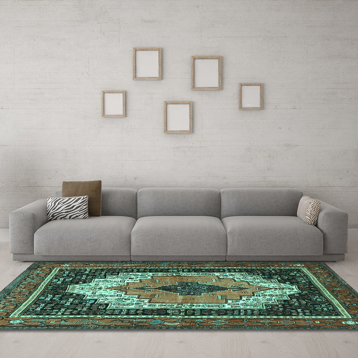 Machine Washable Persian Turquoise Traditional Area Rugs in a Living Room,, wshtr3692turq
