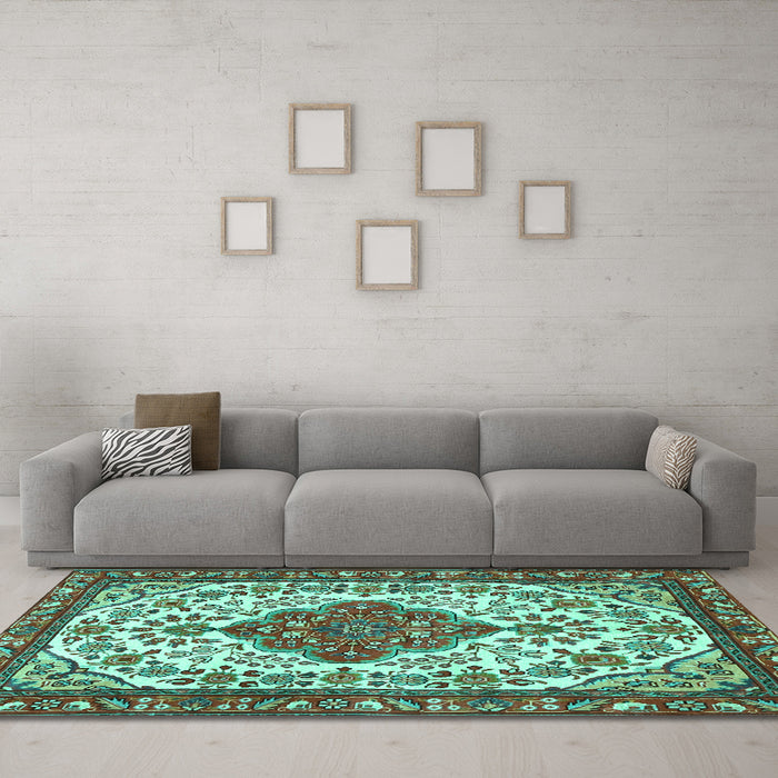 Machine Washable Persian Turquoise Traditional Area Rugs in a Living Room,, wshtr3693turq