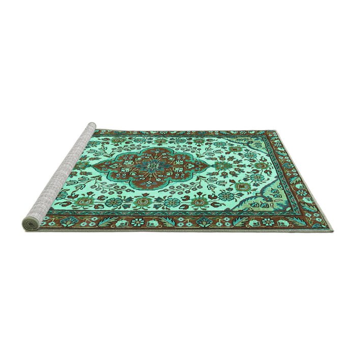Sideview of Machine Washable Persian Turquoise Traditional Area Rugs, wshtr3693turq