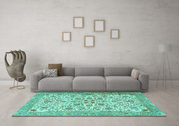 Machine Washable Persian Turquoise Traditional Area Rugs in a Living Room,, wshtr3694turq