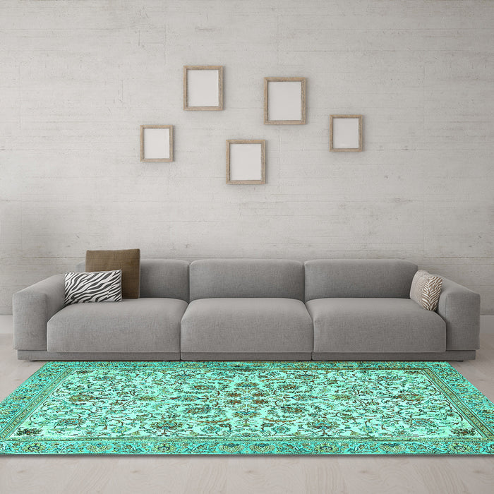 Machine Washable Persian Turquoise Traditional Area Rugs in a Living Room,, wshtr3694turq