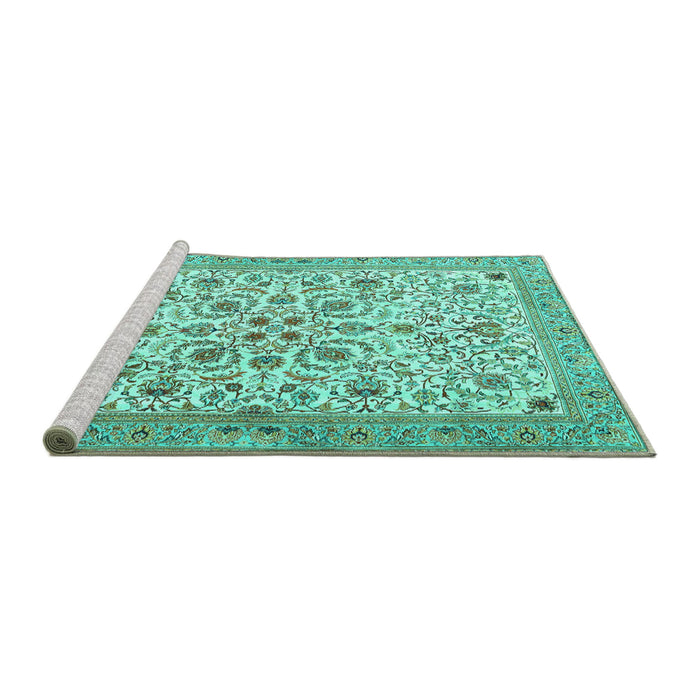 Sideview of Machine Washable Persian Turquoise Traditional Area Rugs, wshtr3694turq
