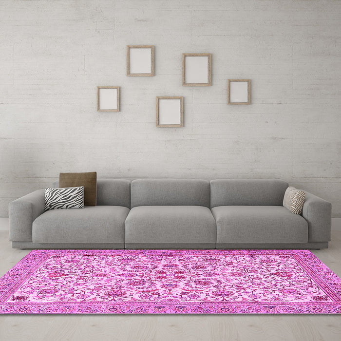 Machine Washable Persian Pink Traditional Rug in a Living Room, wshtr3694pnk