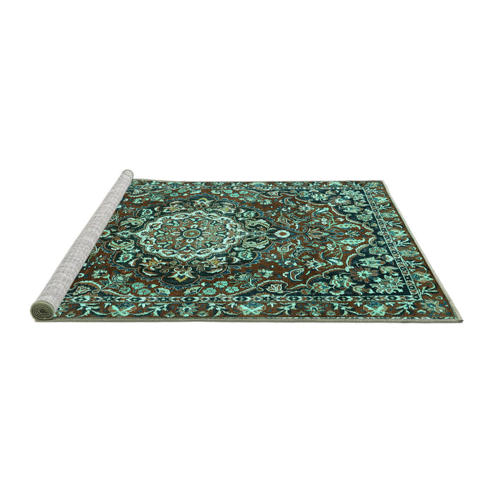 Sideview of Machine Washable Persian Turquoise Traditional Area Rugs, wshtr3695turq