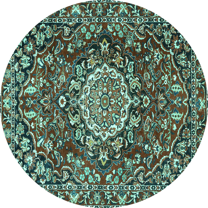 Round Machine Washable Persian Turquoise Traditional Area Rugs, wshtr3695turq