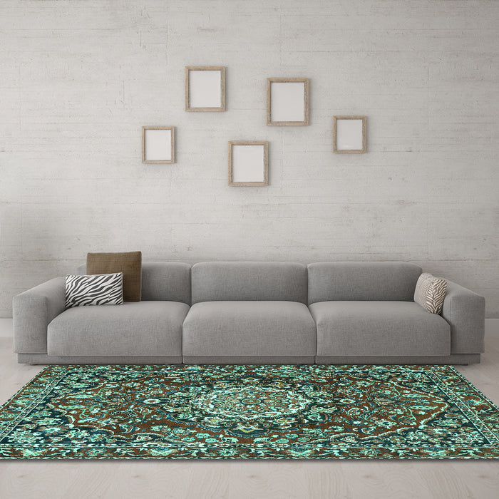Machine Washable Persian Turquoise Traditional Area Rugs in a Living Room,, wshtr3695turq