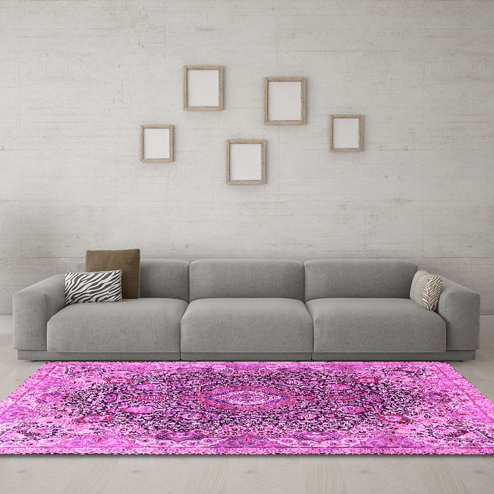 Machine Washable Persian Pink Traditional Rug in a Living Room, wshtr3696pnk