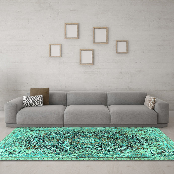 Machine Washable Persian Turquoise Traditional Area Rugs in a Living Room,, wshtr3696turq