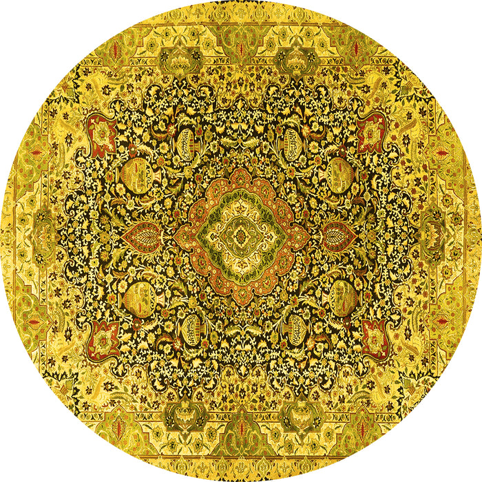 Round Machine Washable Persian Yellow Traditional Rug, wshtr3696yw