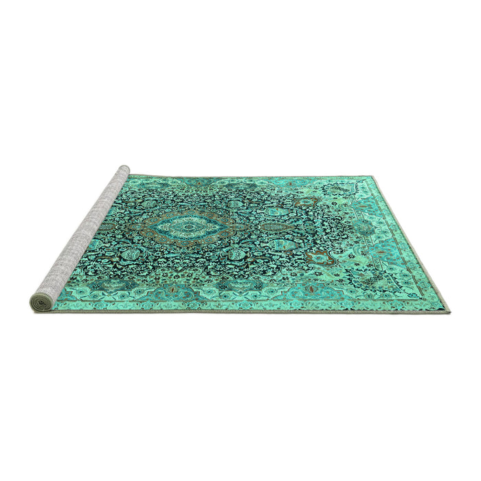 Sideview of Machine Washable Persian Turquoise Traditional Area Rugs, wshtr3696turq