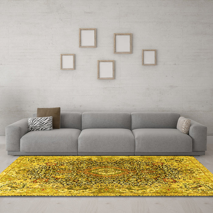 Machine Washable Persian Yellow Traditional Rug in a Living Room, wshtr3696yw