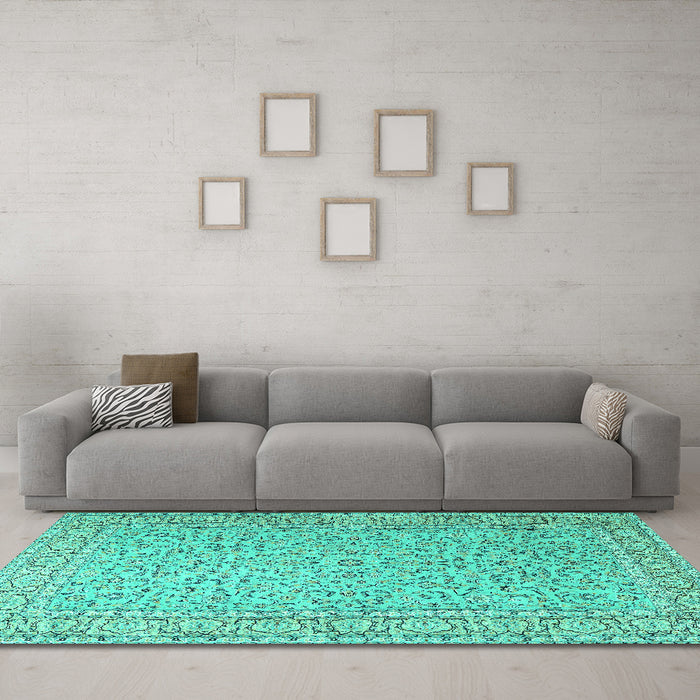 Machine Washable Persian Turquoise Traditional Area Rugs in a Living Room,, wshtr3697turq