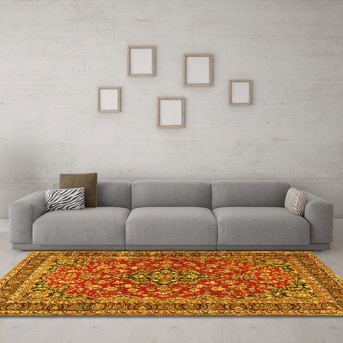Machine Washable Persian Yellow Traditional Rug in a Living Room, wshtr3698yw