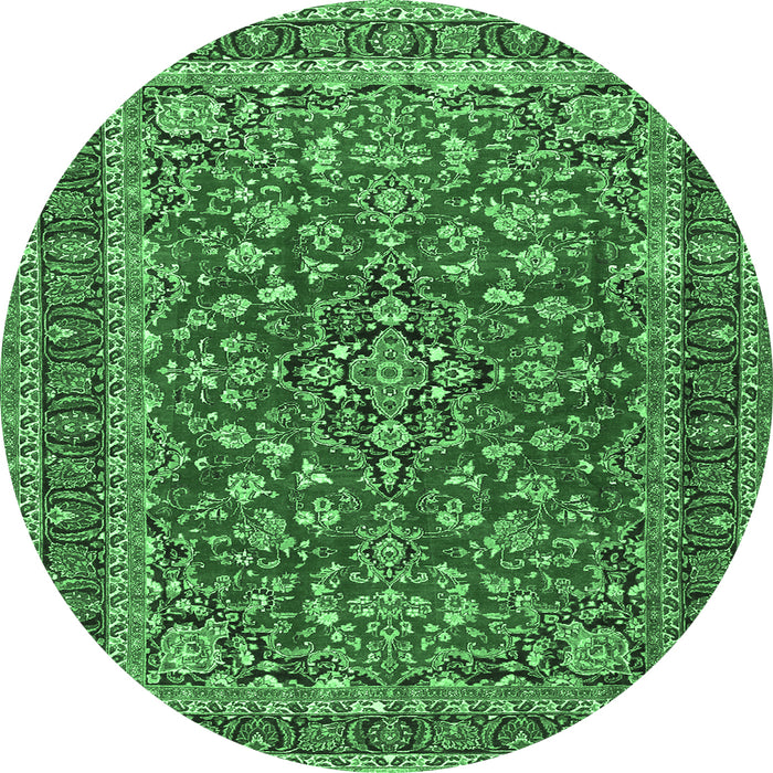 Round Machine Washable Persian Emerald Green Traditional Area Rugs, wshtr3698emgrn