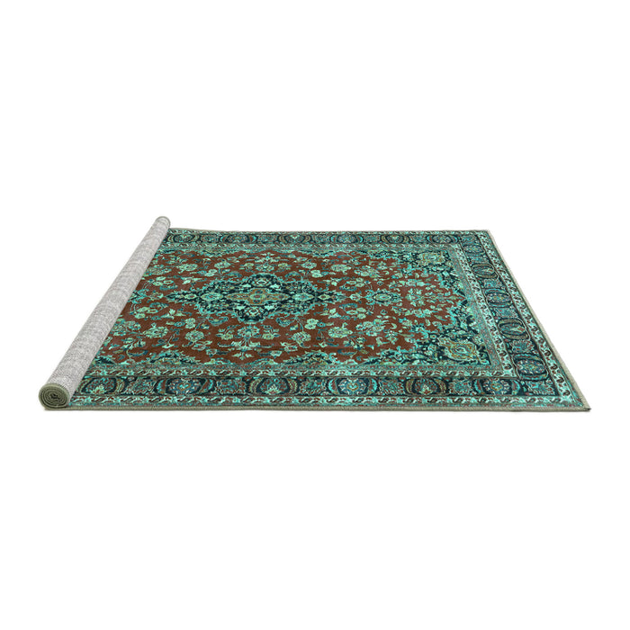Sideview of Machine Washable Persian Turquoise Traditional Area Rugs, wshtr3698turq