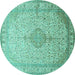 Round Machine Washable Medallion Turquoise Traditional Area Rugs, wshtr369turq