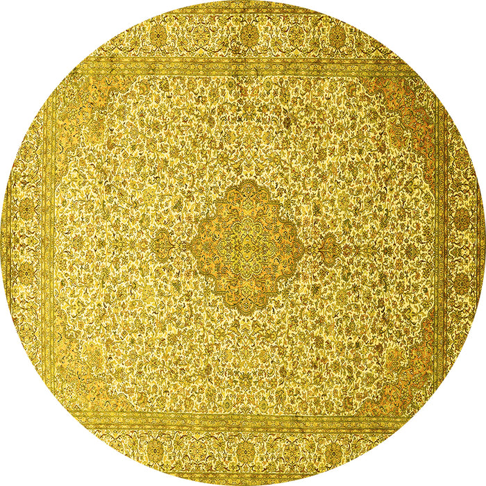 Round Machine Washable Medallion Yellow Traditional Rug, wshtr369yw