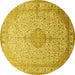 Round Machine Washable Medallion Yellow Traditional Rug, wshtr369yw