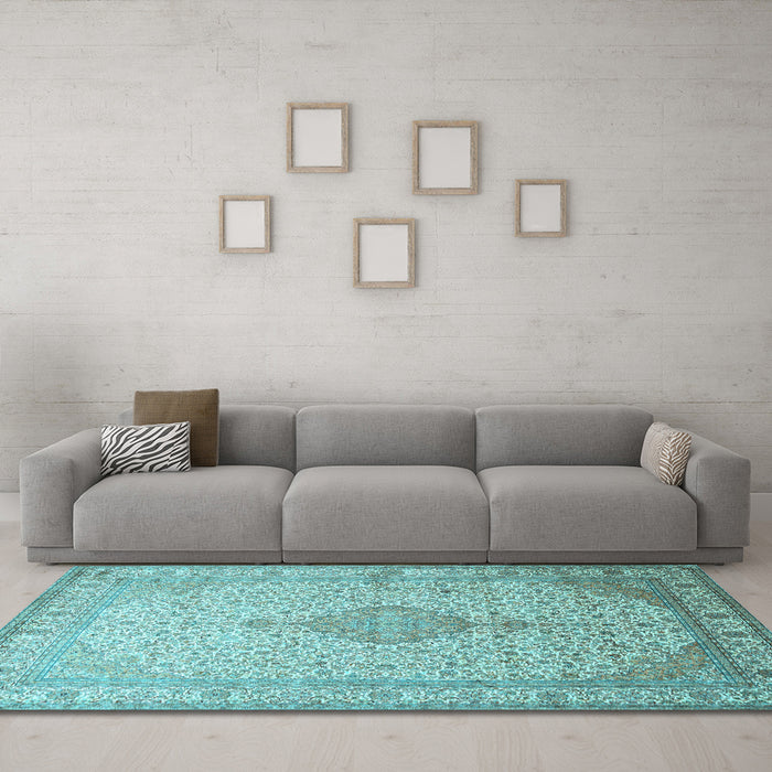 Machine Washable Medallion Light Blue Traditional Rug in a Living Room, wshtr369lblu