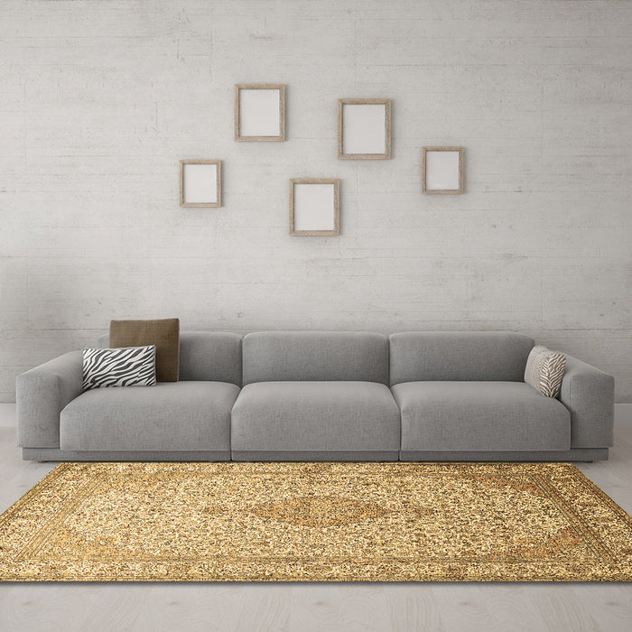 Machine Washable Medallion Brown Traditional Rug in a Living Room,, wshtr369brn