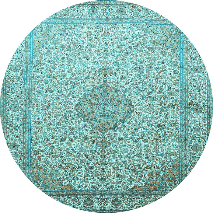 Round Machine Washable Medallion Light Blue Traditional Rug, wshtr369lblu