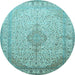 Round Machine Washable Medallion Light Blue Traditional Rug, wshtr369lblu