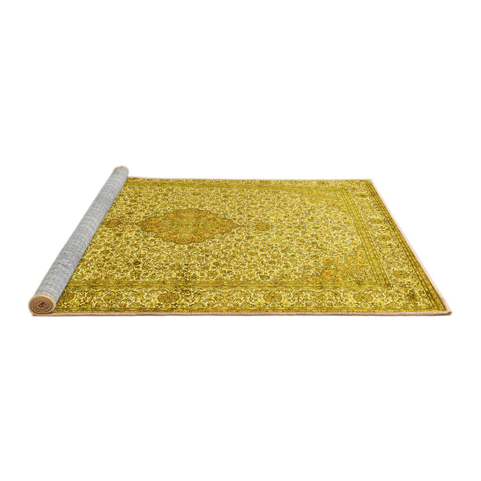 Sideview of Machine Washable Medallion Yellow Traditional Rug, wshtr369yw