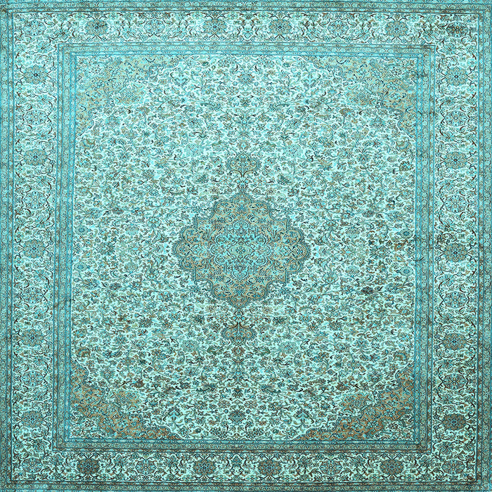 Square Machine Washable Medallion Light Blue Traditional Rug, wshtr369lblu