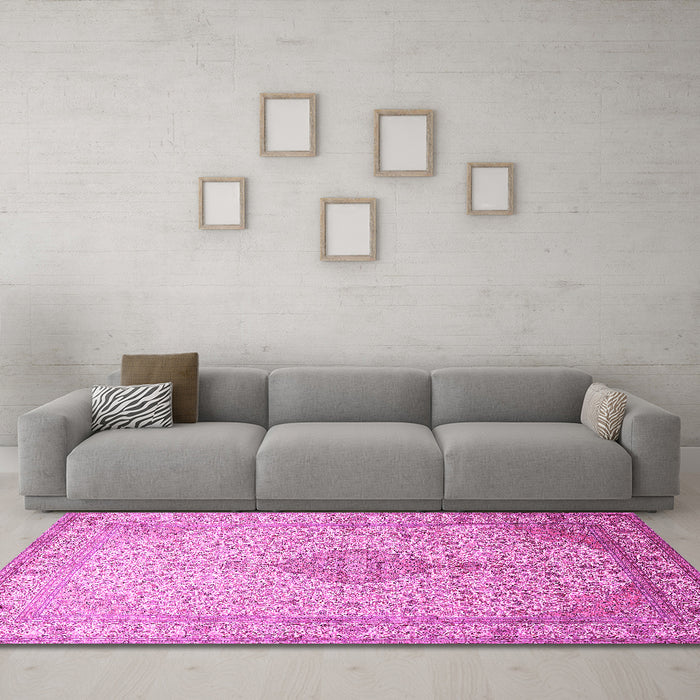 Machine Washable Medallion Pink Traditional Rug in a Living Room, wshtr369pnk