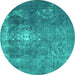 Round Machine Washable Persian Turquoise Bohemian Area Rugs, wshtr3703turq