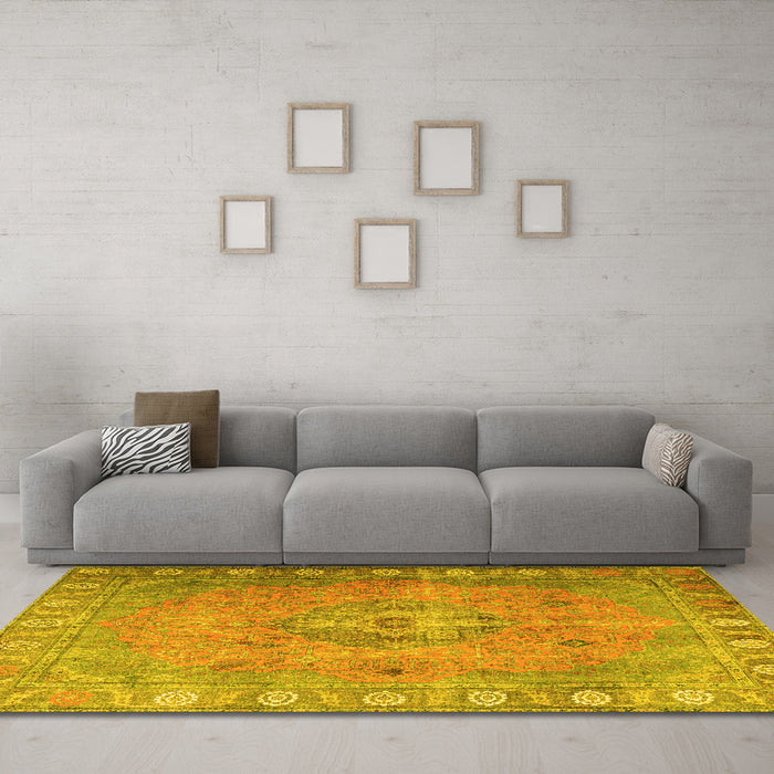 Machine Washable Persian Yellow Traditional Rug in a Living Room, wshtr3708yw