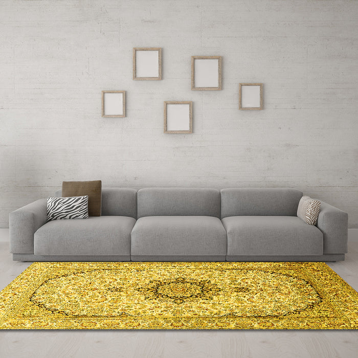 Machine Washable Medallion Yellow Traditional Rug in a Living Room, wshtr370yw