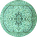 Round Machine Washable Medallion Turquoise Traditional Area Rugs, wshtr370turq