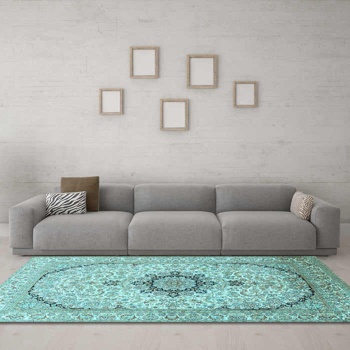 Machine Washable Medallion Light Blue Traditional Rug in a Living Room, wshtr370lblu