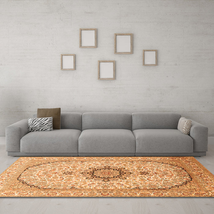 Machine Washable Medallion Orange Traditional Area Rugs in a Living Room, wshtr370org
