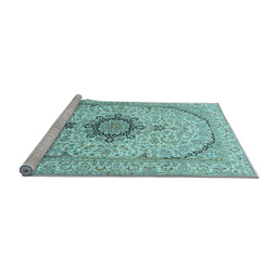 Sideview of Machine Washable Medallion Light Blue Traditional Rug, wshtr370lblu