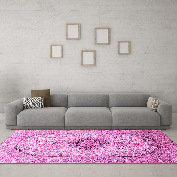 Machine Washable Medallion Pink Traditional Rug in a Living Room, wshtr370pnk
