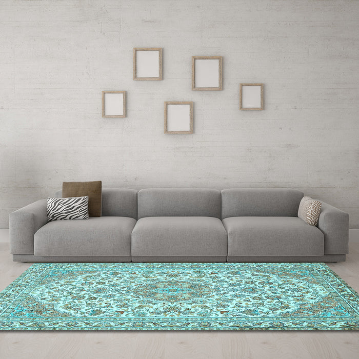 Machine Washable Medallion Light Blue Traditional Rug in a Living Room, wshtr371lblu