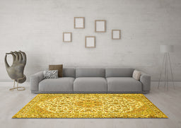 Machine Washable Medallion Yellow Traditional Rug in a Living Room, wshtr371yw