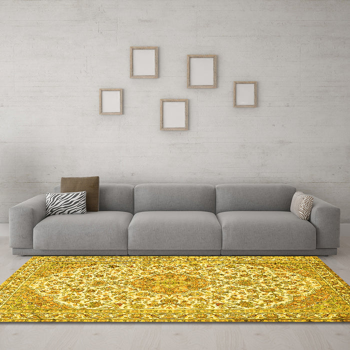 Machine Washable Medallion Yellow Traditional Rug in a Living Room, wshtr371yw