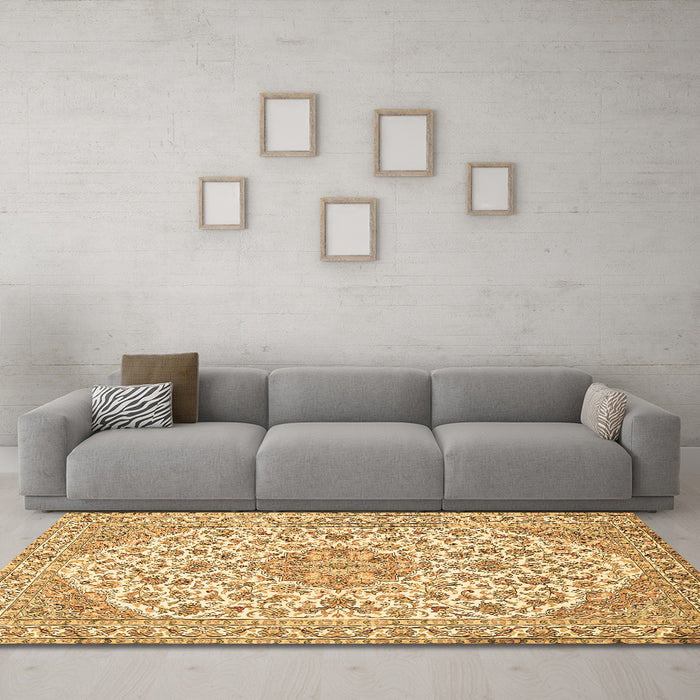 Machine Washable Medallion Brown Traditional Rug in a Living Room,, wshtr371brn