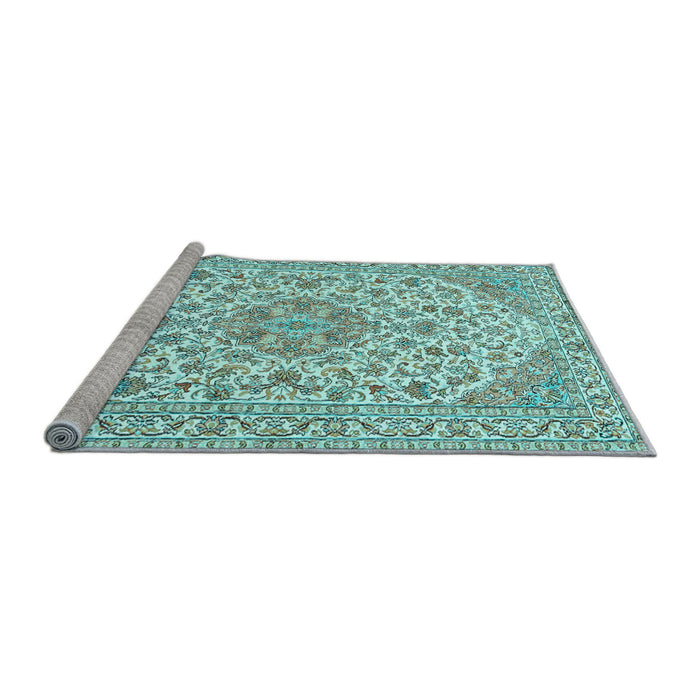 Sideview of Machine Washable Medallion Light Blue Traditional Rug, wshtr371lblu