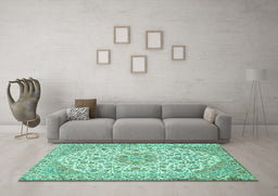 Machine Washable Medallion Turquoise Traditional Area Rugs in a Living Room,, wshtr371turq