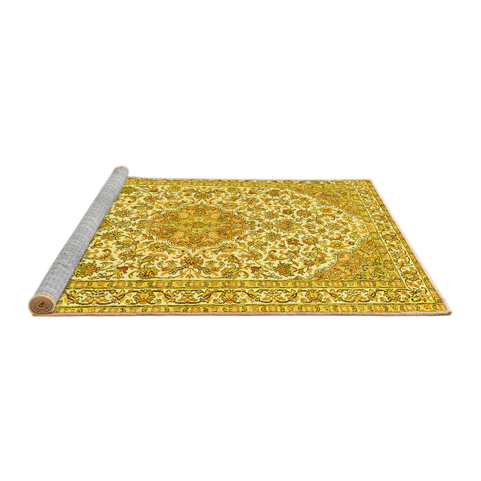 Sideview of Machine Washable Medallion Yellow Traditional Rug, wshtr371yw
